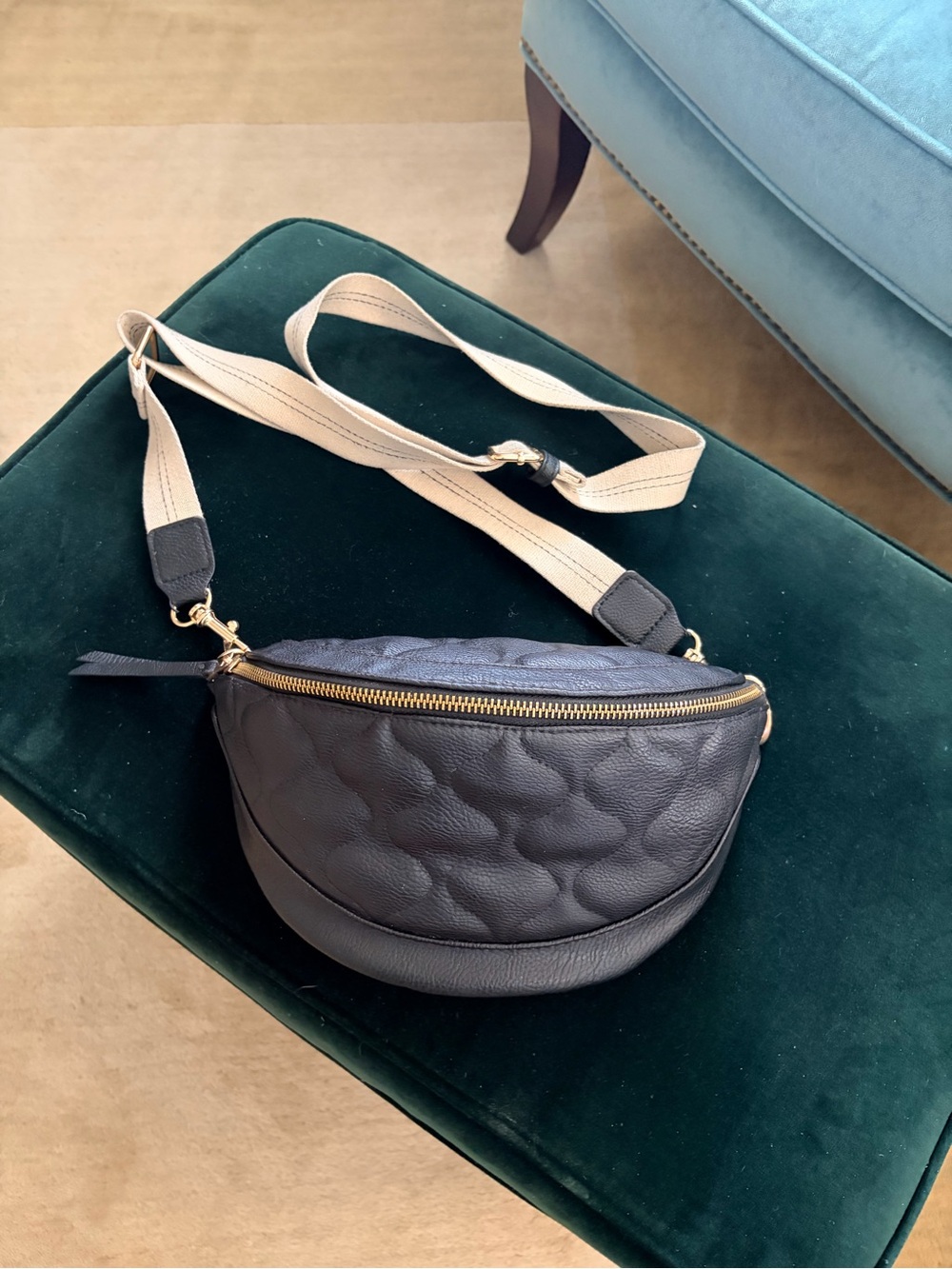 Quilted Black faux Leather Crossbody Belt Bag with Beige Strap